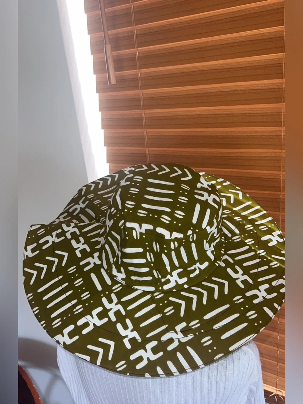 Handmade Olive Ankara wax Patterned Wide-Brim Women's Sun Hat